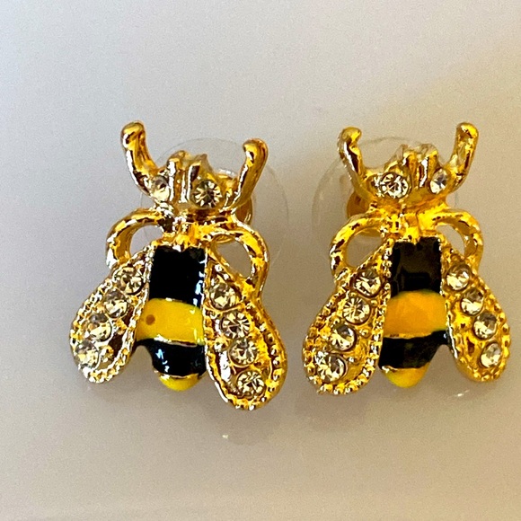 NEW Enamel BUMBLE BEES & Rhinestoned Post Pierced Earrings - Picture 3 of 3